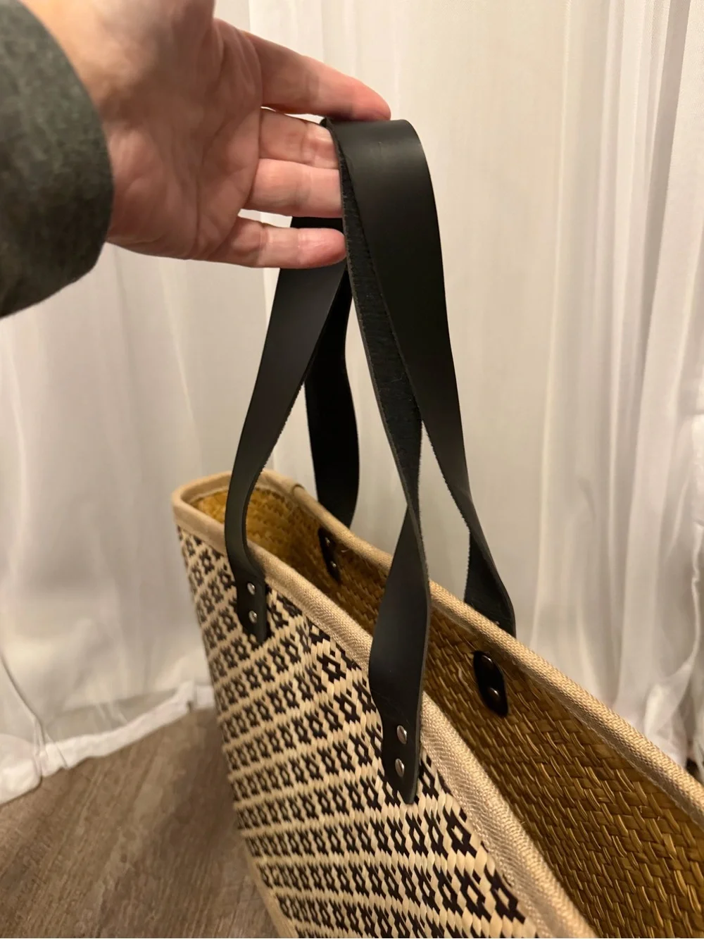 Woven Black and Natural Tote Bag with Black Straps